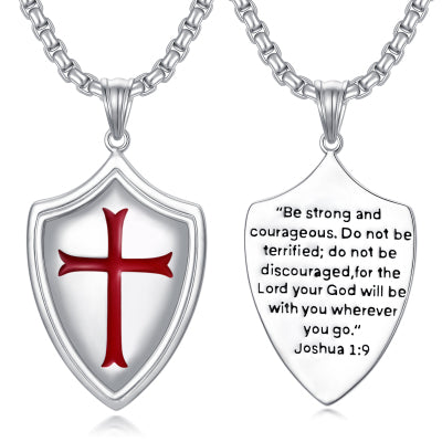 Sterling Silver Templar Shield Necklace - Joshua 1:9