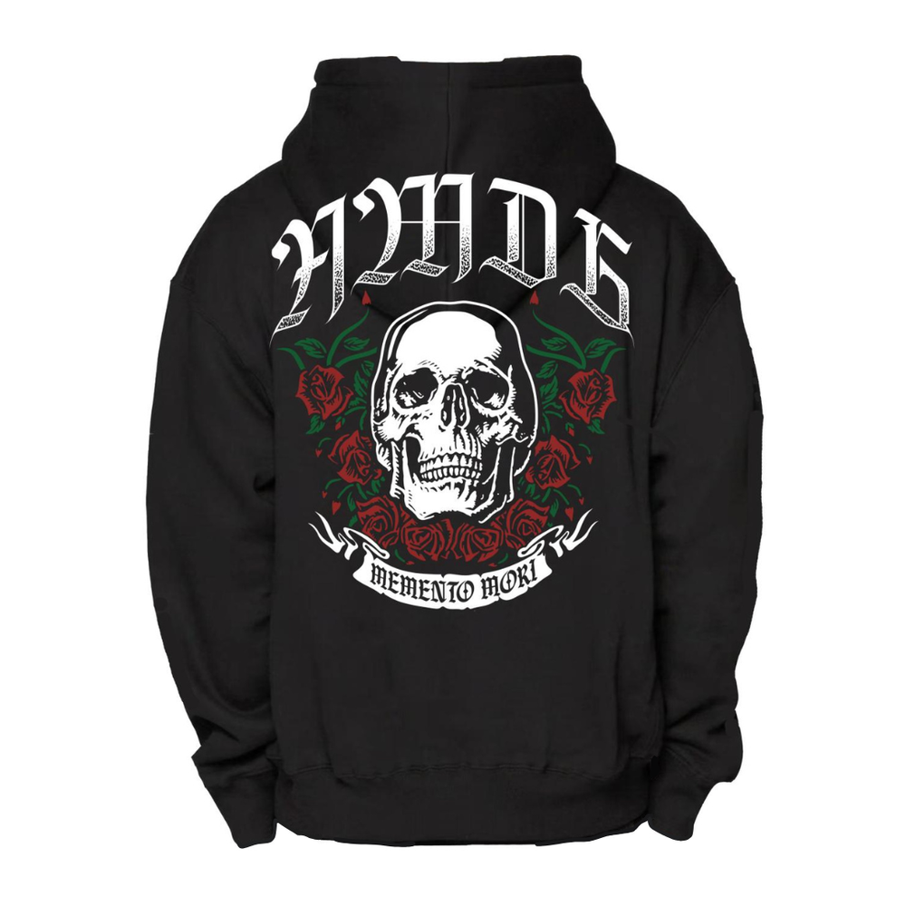 Black hoodie with skull and roses design on the back, on a white background